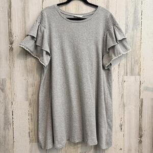 Bluheaven Women's Large Gray Knit Swing Dress Ruffle Sleeves Lace Trim Casual